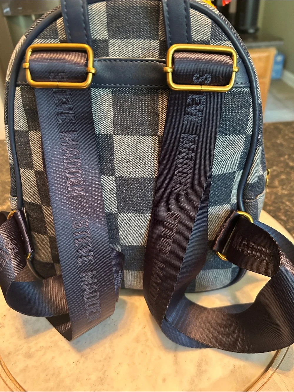 Steve Madden Blue Check Denim Mini Backpack with Gold Chain